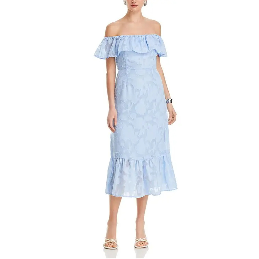 KOKO + MASON WOMENS SIZE MEDIUM OFF SHLDR JACQUARD LINED MIDI DRESS BLUE NEW